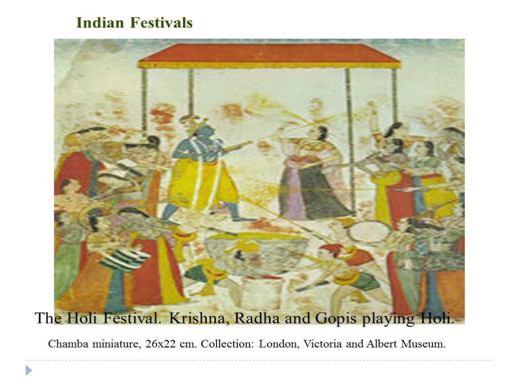 Indian Festivals The Holi Festival. Krishna, Radha and Gopis playing Holi. Chamba miniature, 26x22